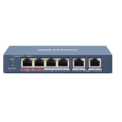 Image of SWITCH HIKVISION L2, Unmanaged, 4 10/100M RJ45 PoE ports, 2 10/100M RJ45 uplink ports, 802.3af/at/bt, port 1 support Hi-PoE 60w075