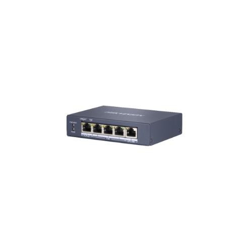 Image of SWITCH HIKVISION L2, Unmanaged, 4 Gigabit RJ45 PoE ports, 1 Gigabit RJ45 uplink port, 802.3af/at/bt, port 1 support Hi-PoE 60w075