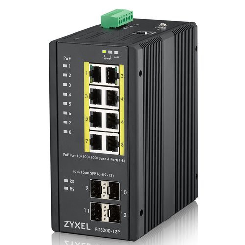 Image of SWITCH ZYXEL INDUSTRIALE 12P LAN GIGABIT ZYXEL RGS200-12P-ZZ0101F MANAGED (8P POE, EROG. FINO 240W + 4 SFP) IP30075