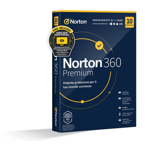 Image of NORTON 360 Premium 2023 75GB IT 1 USER 10 DEVICE 12MO GENERIC RSP MM GUM 21429125075