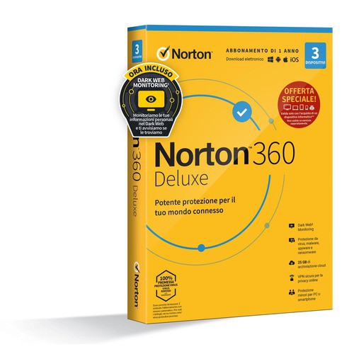 Image of NORTON 360 Deluxe 2023 ATTACH 25GB IT 1 USER 3 DEVICE 12MO GENERIC ATTACH RSP MM GUM *PER VENDITA ABBINATA CON PC O NB* 21429480