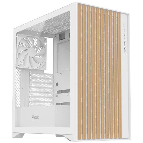 Image of CASE ITEK TOWER "Case WOODY" Gaming Tower 2*USB3,1*USB-C 3*12cm fan ARGB, Temp Glass Sidel, BIANCO+Wood Front - ITGCAWO28W075